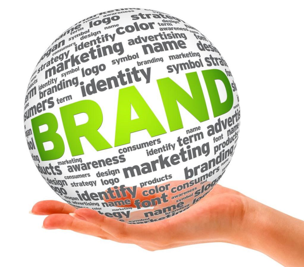 Hand Holding a Sphere of Marketing Related Words Including Brand, Marketing, and Identity