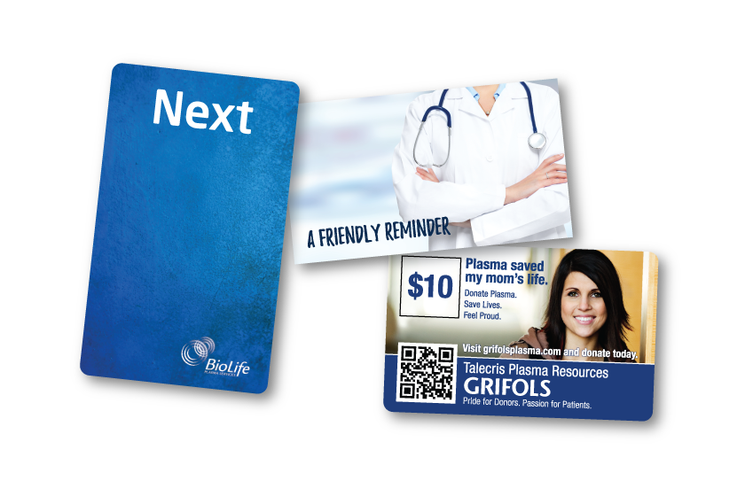 Custom cards for a blood bank and plasma donation center