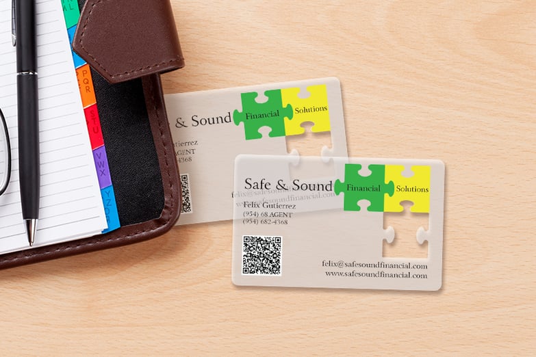 Custom puzzle piece pop out frosted business card for Safe & Sound Financial Solutions