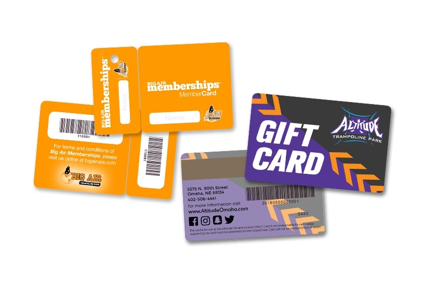Gift card and membership card and key tag for a trampoline park