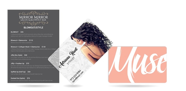Salon menu, hair stylist business cards, and VIP card