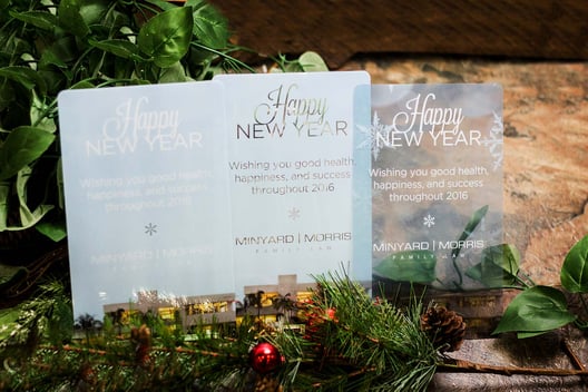 Example of 3 corporate holiday cards. Clear and transparent greeting cards