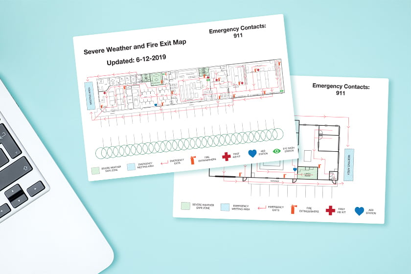 Fire exit map and evacuation sign