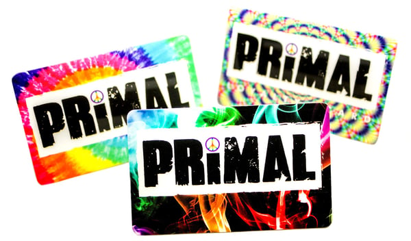 Custom printed Primal plastic gift cards with tie dye, flames, smoke, bold designs