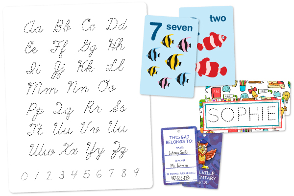Flash cards, name cards, writing tools, and bag tags