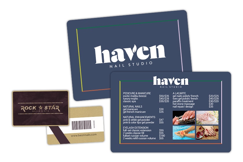 Nail salon menu and metallic gift card with a barcode
