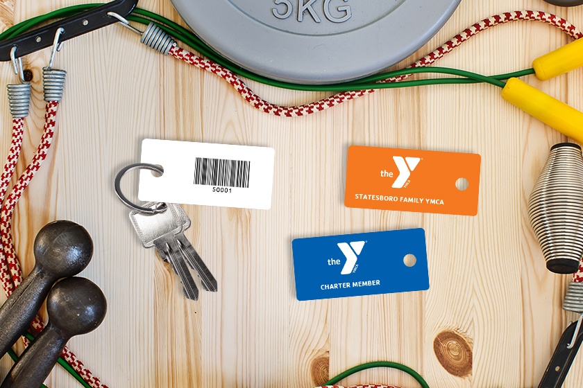 Gym membership key tags with a barcode for the YMCA