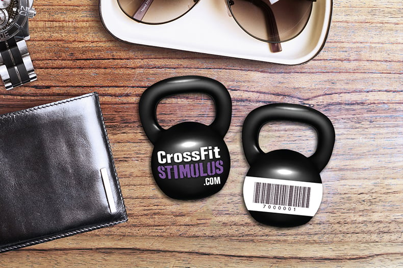 Kettle bell weight shaped membership cards with barcode for Crossfit Stimulus