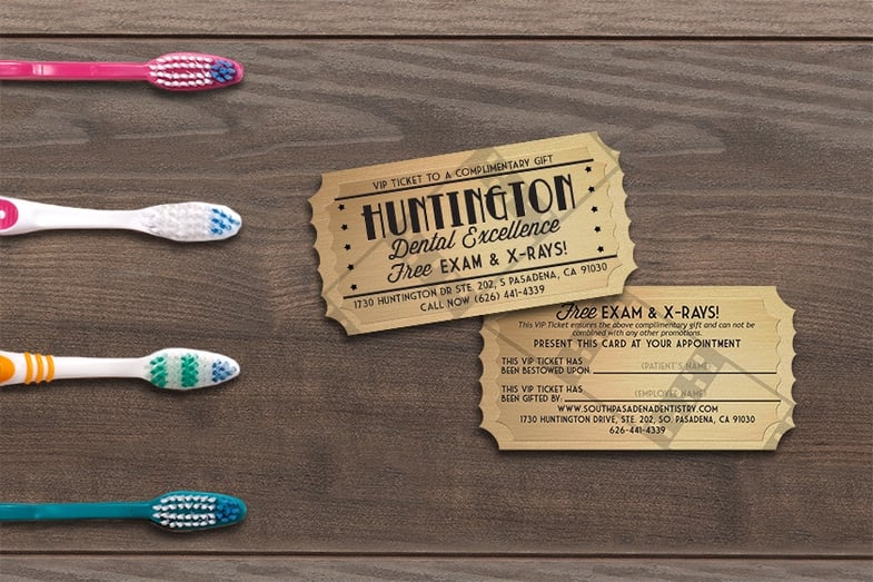 Writable golden ticket shaped promotional cards for Huntington Dental