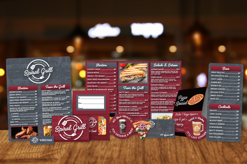 Full Product Set for Restaurants including Menus, Table Tents, and Coasters