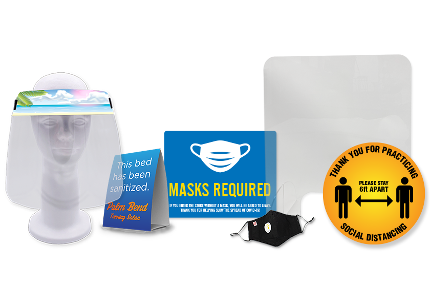 PPE and safety tools - face shields, table tents, masks, floor decals, signage