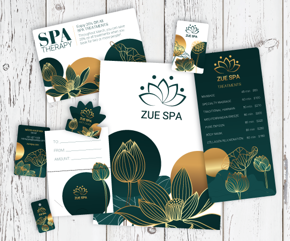 Spa Product Set Including Gift Cards, Menus, Brochures, Business Cards, and more