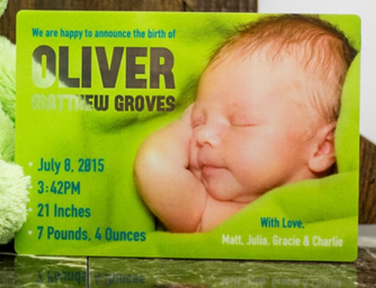 Example of Custom Baby Announcement Card by PlasticPrinters.com, transparent card