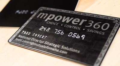 Example of embossed business cards for mpower360 that look like a credit card
