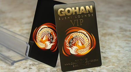 Example of a black business card using gold foil for Gohan Sushi Lounge