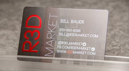 Example of a custom business card design that utilizes red foil for R3D Market