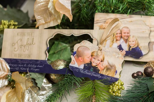 Example of Custom Greeting Cards by Plastic Printers, Inc. Photo holiday ornament pop out card.