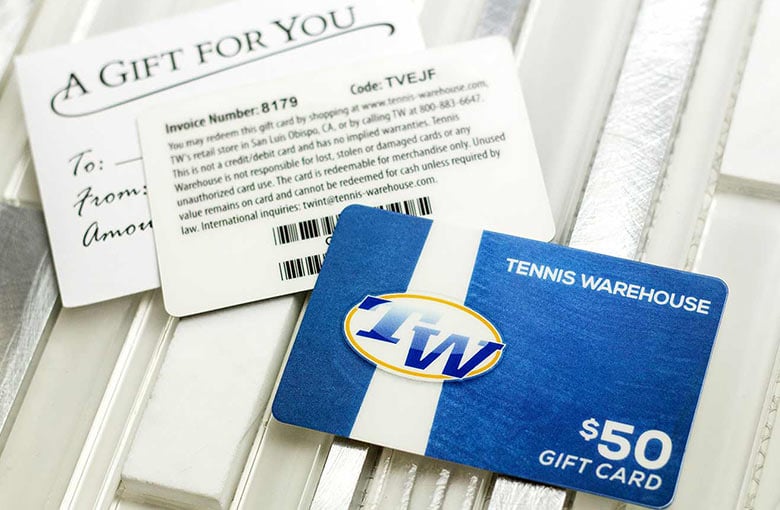 Example of face value gift card for Tennis Warehouse