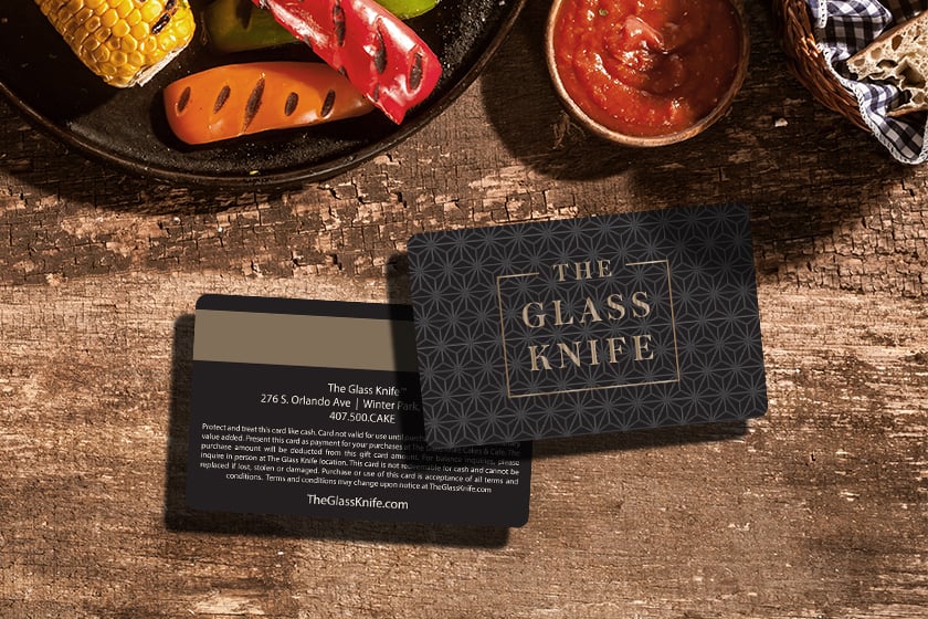 Plastic Gift Cards with Gold Foil and Magnetic Stripe for The Glass Knife Restaurant