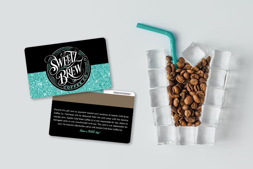 Coffee gift card with magnetic stripe on the back