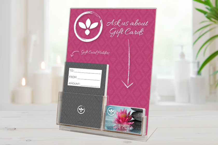 Custom gift cards, a gift card display stand, and gift card backers