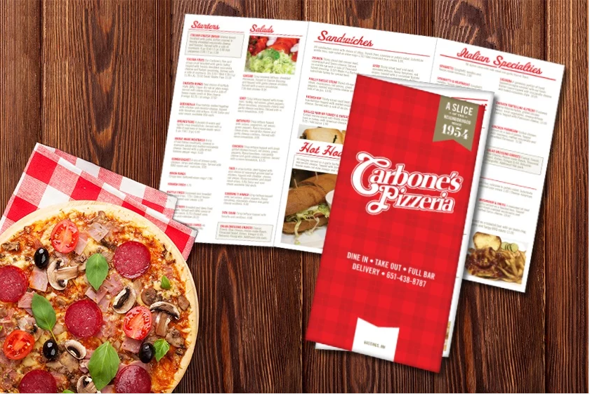 Tri-fold menu for a pizza restaurant