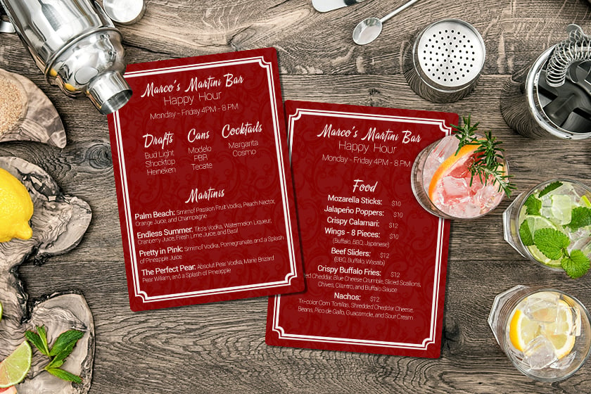 Drink menu and happy hour menu for a bar