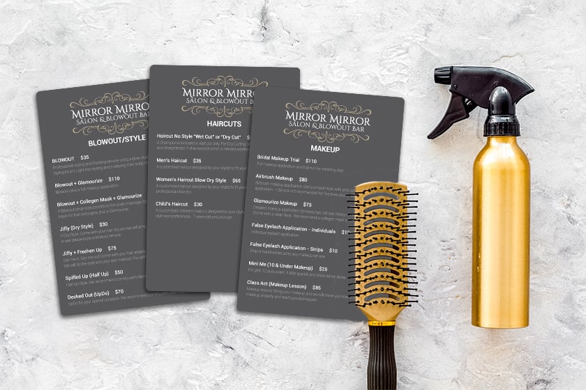 Salon menu for a blowout bar