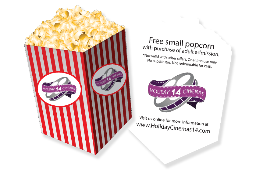 Popcorn Shaped Promo Card for Holiday 14 Cinemas