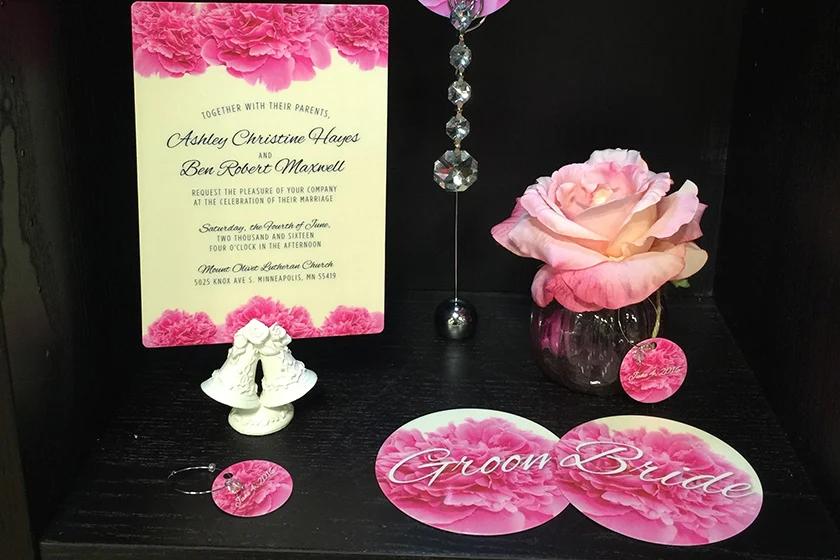 Samples of Unique Wedding Favors like Wine Charms and Coasters that match your Wedding Menu, Programs, Table Numbers and Invitations