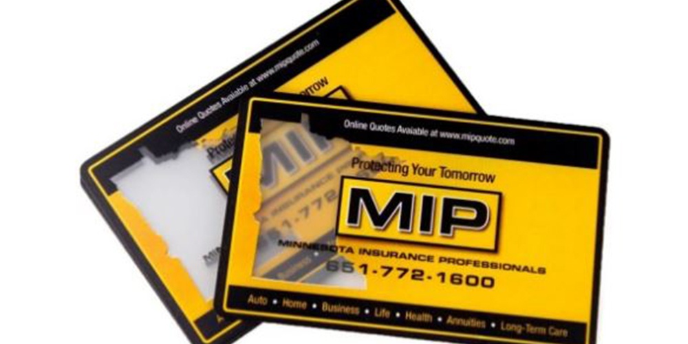 Insurance Business Cards with Minnesota-Shaped Transparency on it