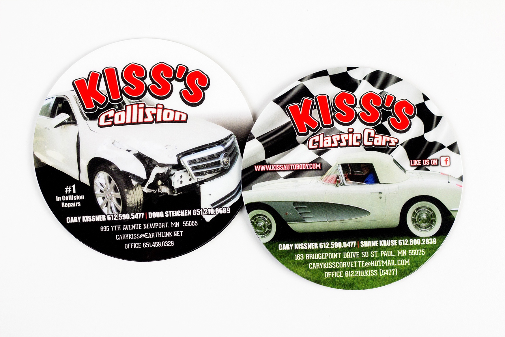 Circle Die Cut Kiss's Collision Classic Car Auto Body Plastic Coasters