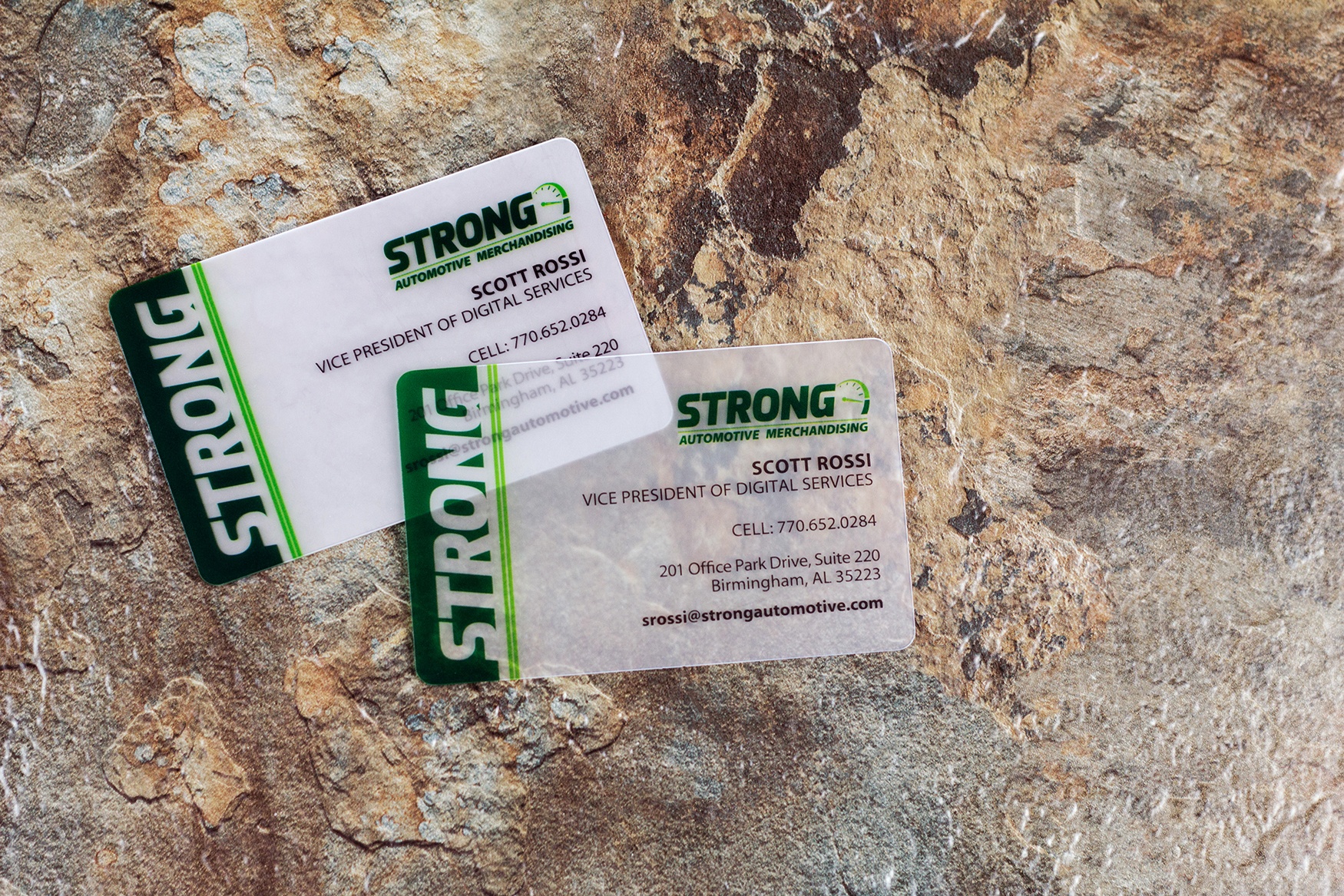 Strong Automotive Merchandising Frosted Business Cards