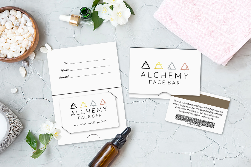 Alchemy Face Bar Gift Cards with Custom Gift Card Holders