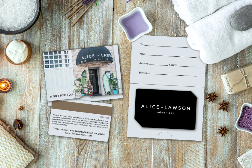 Alice Lawson Salon & Spa Gift Cards with Custom Gift Card Holders