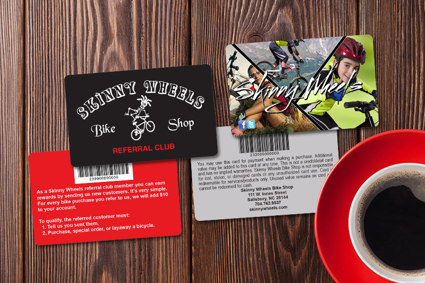 Skinny Wheels Bike Shop Referral Cards and Gift Cards
