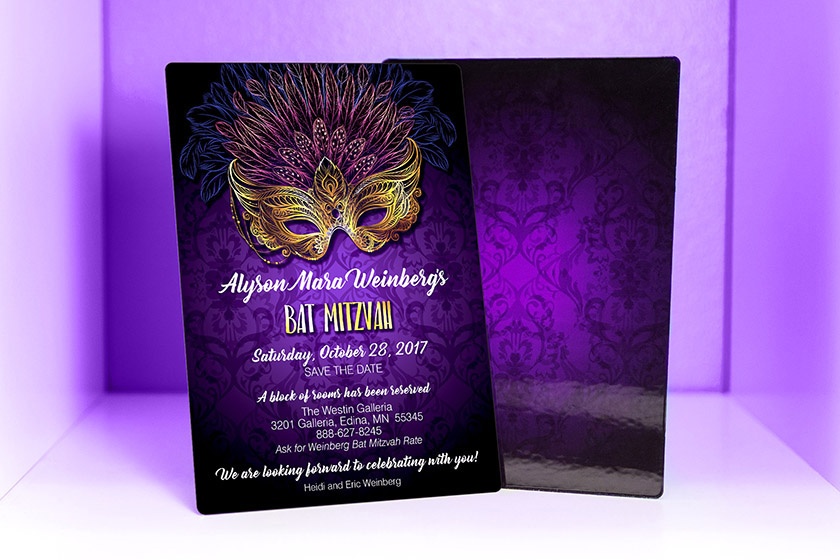 Mask Themed Bat Mitzvah Invitation