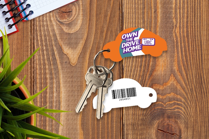 UBC Own The Drive Home Car Shaped Key Tags