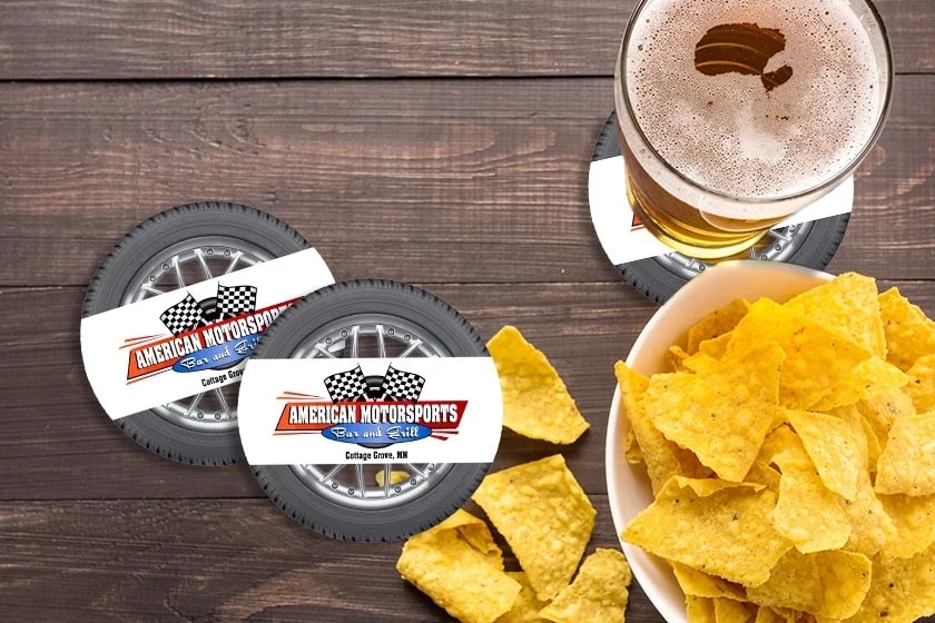 Custom bar coasters for American Motorsports Bar and Grill