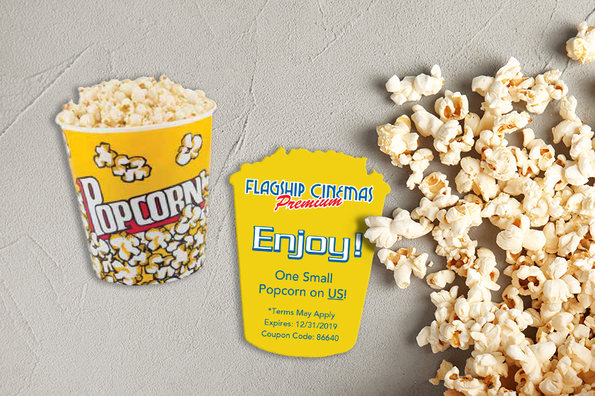 Die cut card in the shape of a popcorn bucket